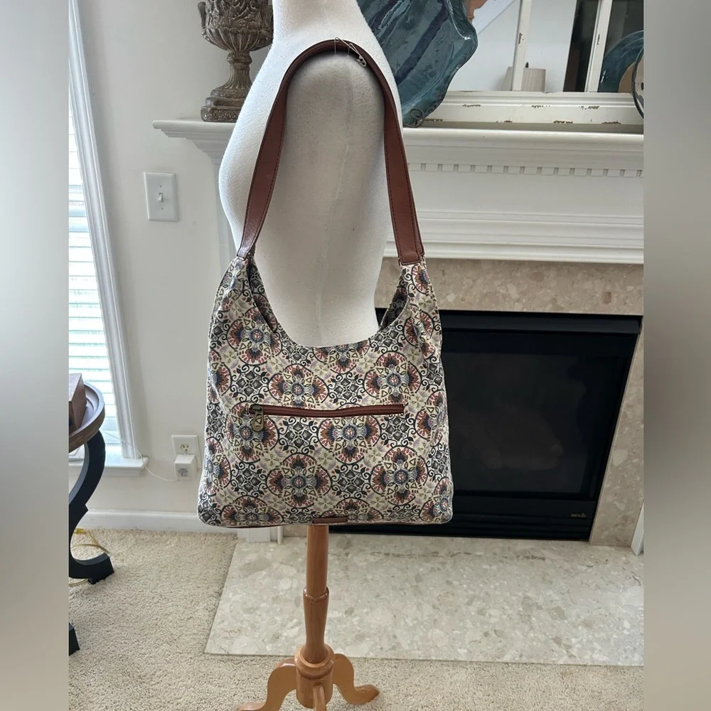 Sakroots Atlas Hobo Mosaic Cambria Print Hobo Bag with Brown Leather Straps